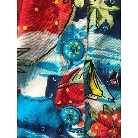 Studio Works Women’s Blue Floral Beach Graphic Beaded Design Button Up Blazer Ja - Picture 4 of 7